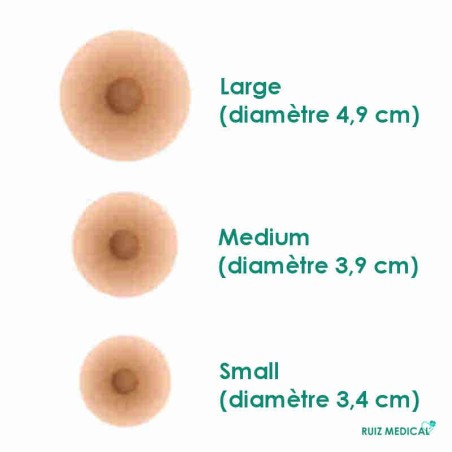 Trois tailles de mamelons adhérents d'Amoena - Coloris Amande Trois tailles de mamelons adhérents d'Amoena - Coloris Amande