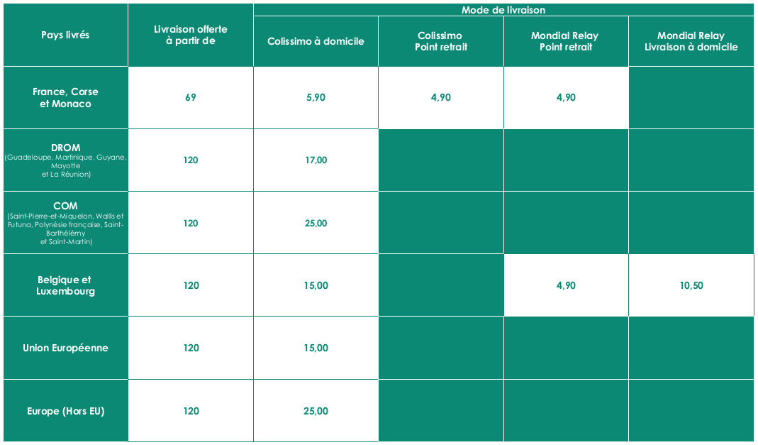 Tableau récapitulatif des transporteurs de Ruizmedical.com